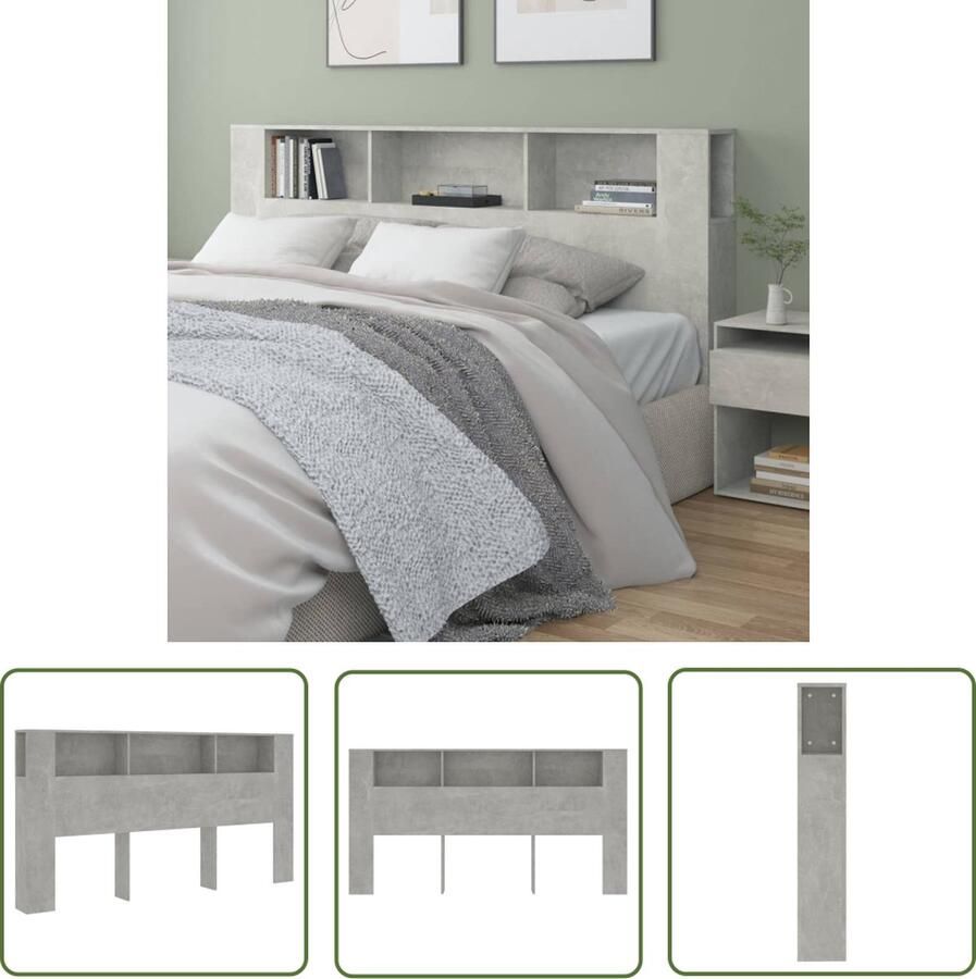 The Living Store Hoofdbordkast Betongrijs 200 x 18.5 x 104.5 cm 3 opbergvakken Hoofd Bordkast Hoofdbord Bedbanket Slaapkamersdecoratie Beton Grijs