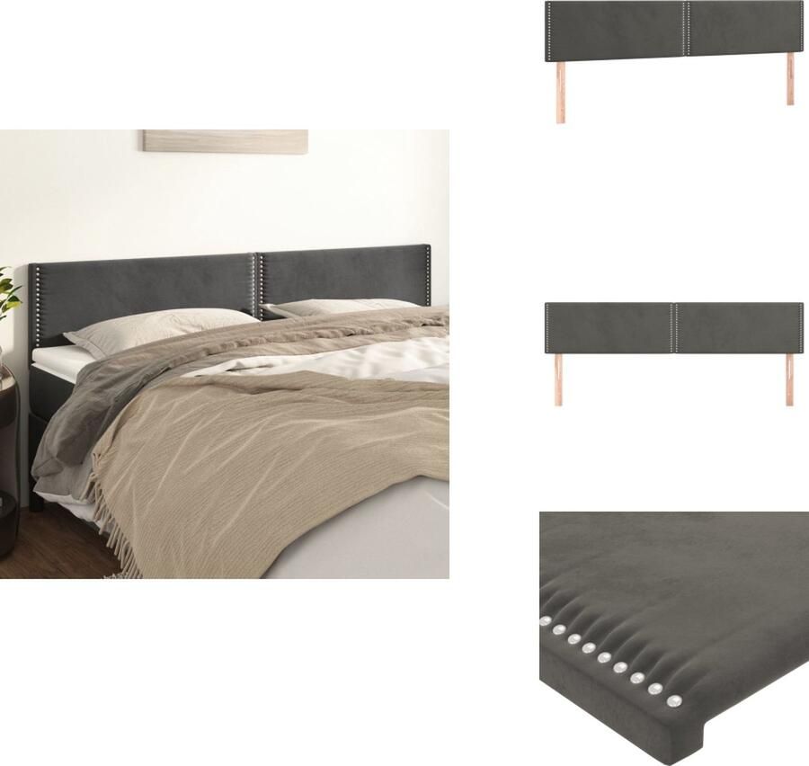 VidaXL Hoofdbord Klassiek Fluwelen stof Stevige houten poten Verstelbare hoogte Comfortabele ondersteuning Elegante klinknagelrand Donkergrijs 200 x 5 x 78 88 cm 2x hoofdeind Bedonderdeel