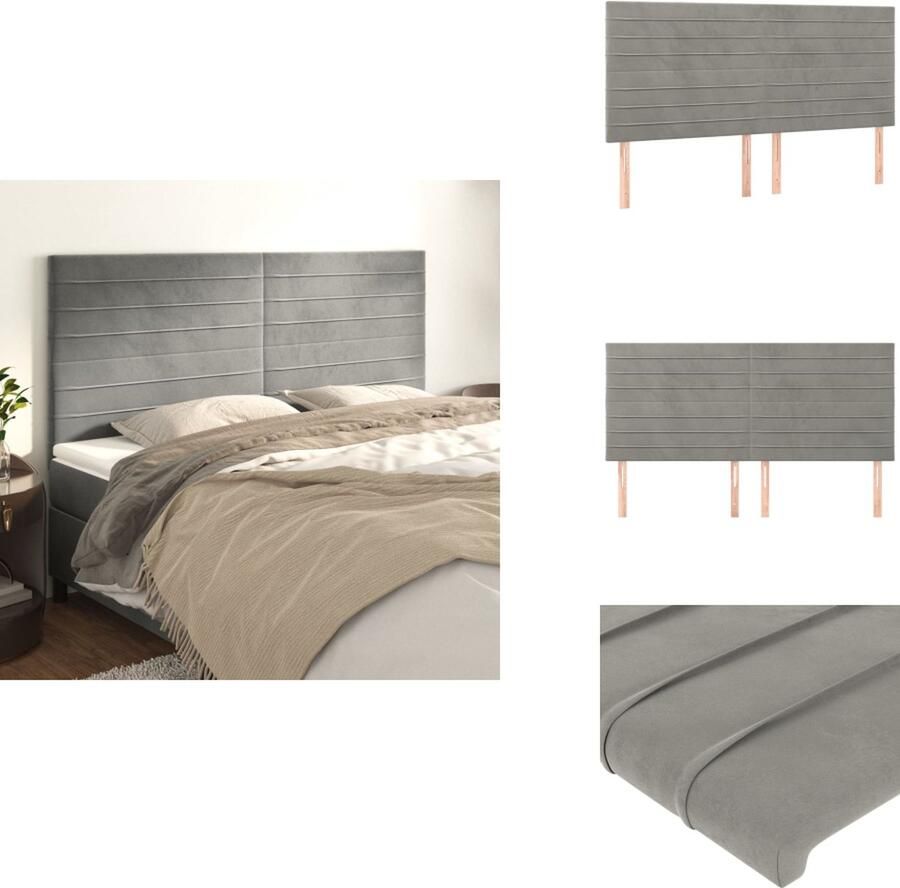 VidaXL Hoofdbord Lichtgrijze Fluwelen Hoofdeindset 200 x 5 x 118 128 cm Stevig houten frame Verstelbare hoogte Comfortabele ondersteuning Levering bevat 4 hoofdeinden Bedonderdeel