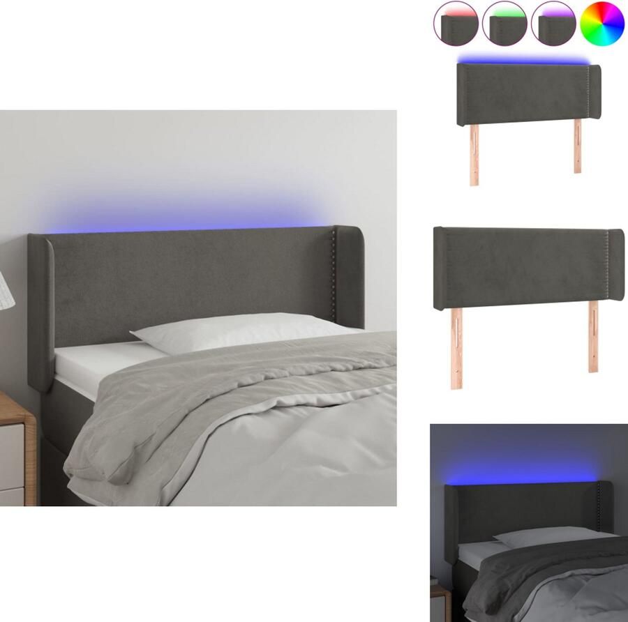 VidaXL Hoofdbord LED Fluwelen stof Verstelbare hoogte Comfortabele ondersteuning Snijdbare LED-strip Donkergrijs 103 x 16 x 78 88 cm 55 cm LED-strip IP65 Inclusief montagehandleiding Bedonderdeel