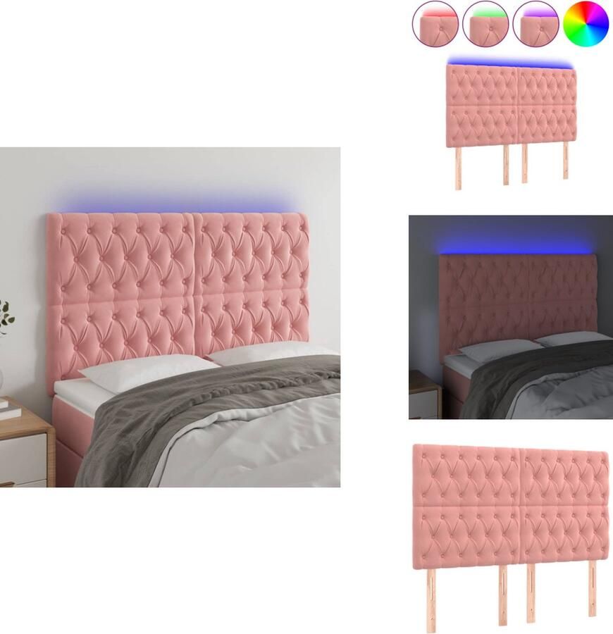 VidaXL Hoofdbord Hoofdborden Hoofdeinde Houten Hoofdbord LED 144x7x118 128 cm fluweel roze - Foto 2