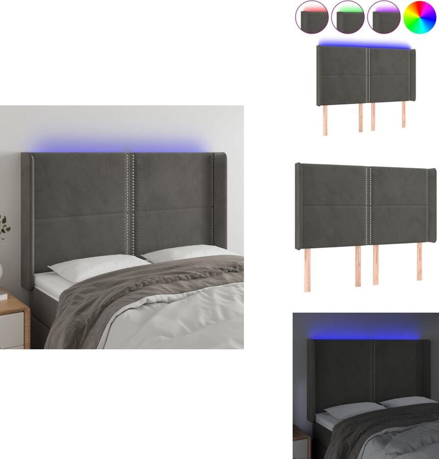 VidaXL Hoofdbord Donkergrijs Fluwelen Stof Verstelbare Hoogte Comfortabele Ondersteuning Snijdbare LED-strip 147x16x118 128 cm Bedonderdeel