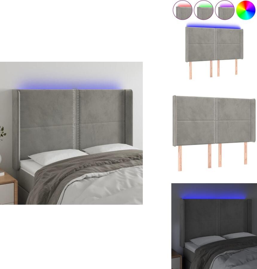 VidaXL Hoofdbord LED licht 147x16x118 128 cm Zacht fluweel Verstelbaar Comfortabele ondersteuning Snijdbare LED-strip USB-aansluiting Lichtgrijs Bedonderdeel