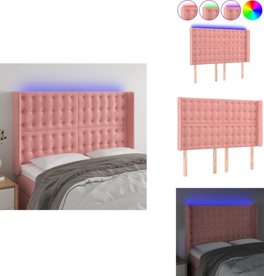 VidaXL Hoofdbord LED Roze 147x16x118 cm Zacht fluweel verstelbare hoogte comfortabele ondersteuning snijdbare LED-strip 100% polyester Bedonderdeel