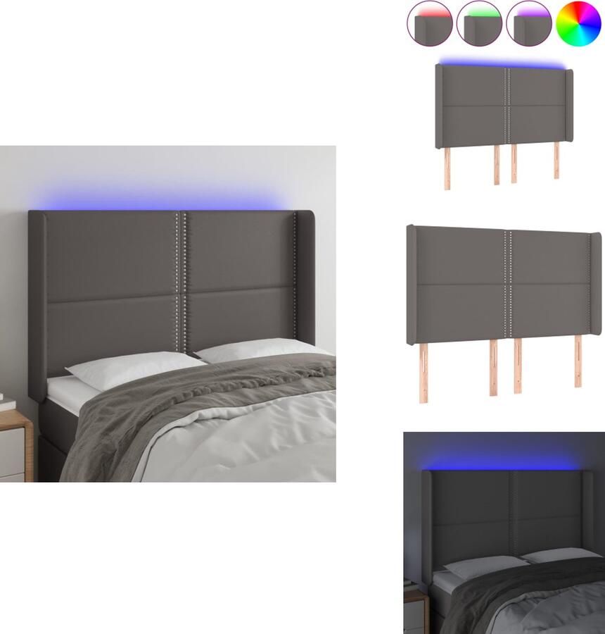 VidaXL Hoofdbord LED Grijs Kunstleer 147x16x118 128 cm Verstelbaar LED-strip 55 cm IP65 Inclusief montagehandleiding en USB-aansluiting Bedonderdeel - Foto 2