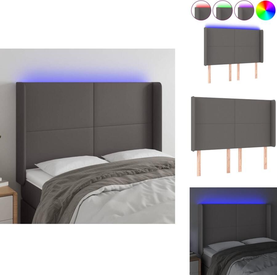 VidaXL Hoofdbord LED Grijs Kunstleer 147x16x118 128 cm Verstelbaar LED-strip 55 cm IP65 Inclusief montagehandleiding en USB-aansluiting Bedonderdeel