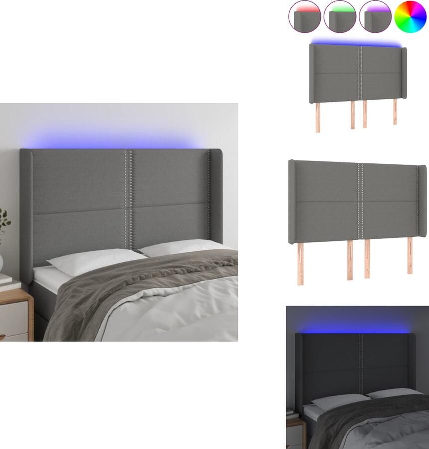 VidaXL Hoofdbord LED Verstelbare hoogte Duurzaam Comfortabele ondersteuning Snijdbare LED-strip Donkergrijs 147x16x118 128 cm Bedonderdeel