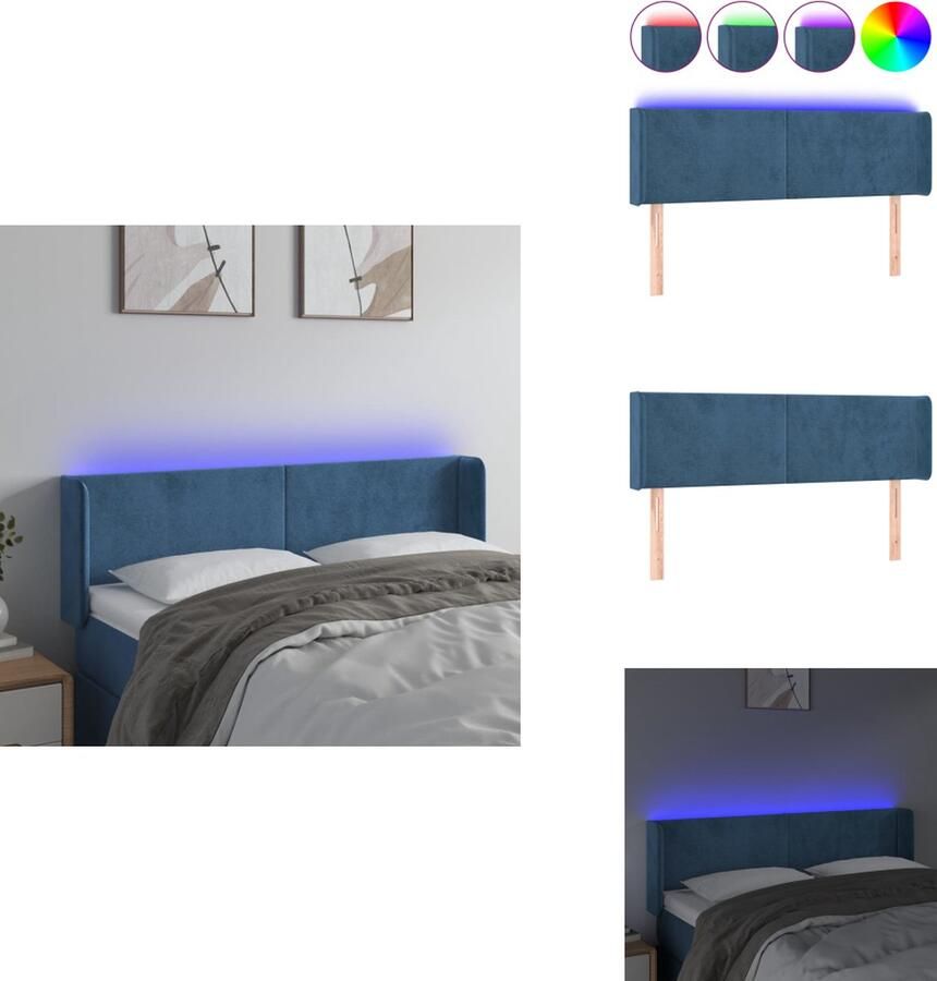VidaXL Hoofdbord Zacht Fluweel LED-verlichting Verstelbare Hoogte Comfortabele Ondersteuning Snijdbare LED-strip Donkerblauw 147 x 16 x 78 88 cm IP65 1 x Hoofdbord met Randen 2 LED-strips Bedonderdeel