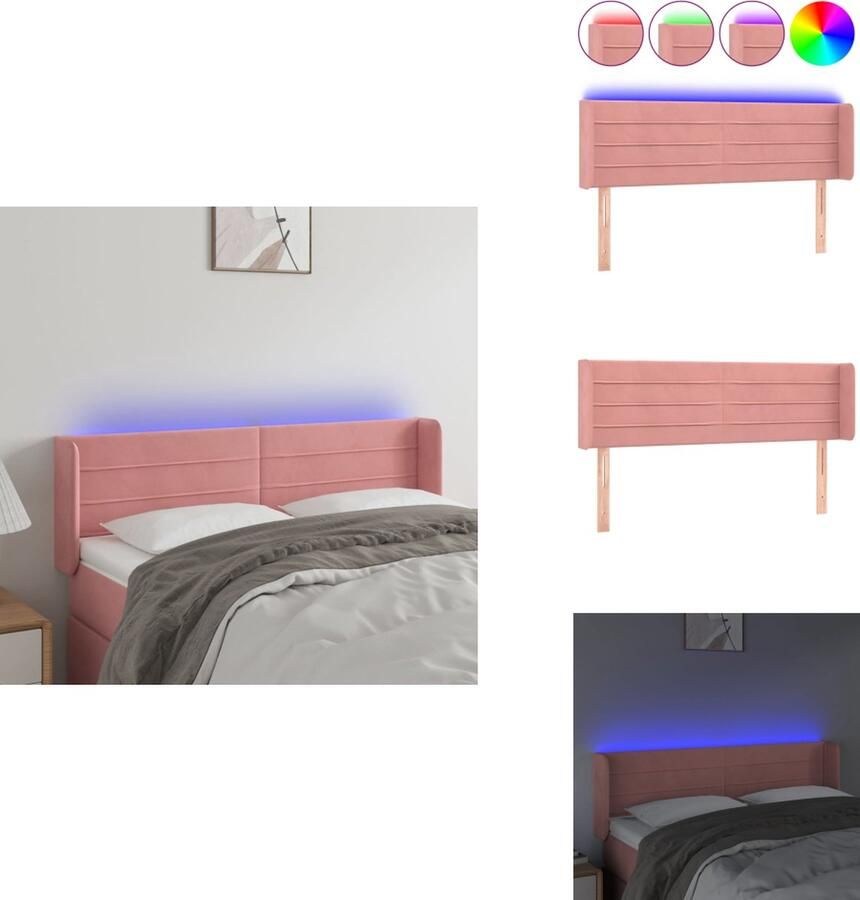 VidaXL Hoofdbord LED Roze Fluwelen stof Verstelbaar Comfortabele ondersteuning Snijdbare LED-strip 147 x 16 x 78 88 cm IP65 incl 2 LED-strips Bedonderdeel