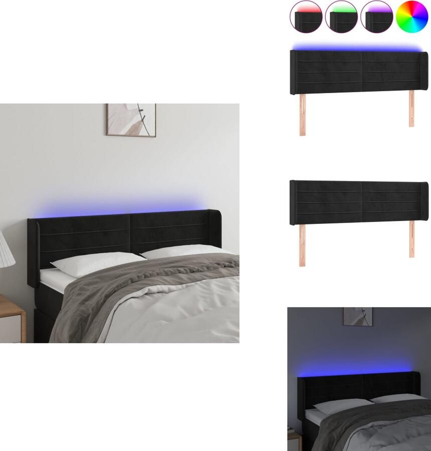 VidaXL LED Hoofdbord Zacht fluweel Kleurrijke LED-verlichting Verstelbare hoogte Comfortabele ondersteuning Snijdbare LED-strip Hoofdeinde Zwart 147x16x78 88cm IP65 1x hoofdbord met randen 2 LED-strips Bedonderdeel