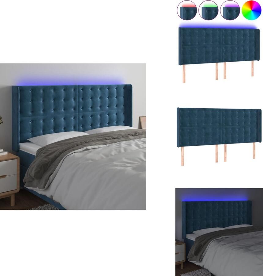 VidaXL Hoofdbord Verstelbaar 163 x 16 x 118 128 cm Donkerblauw LED-fluwelen stof Kleurrijke LED-verlichting Bedonderdeel