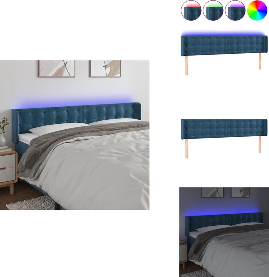 VidaXL Hoofdbord met randen LED-hoofdbord donkerblauw 163 x 16 x 78 88 cm verstelbaar fluweel LED-verlichting snijdbare LED-strip USB-aansluiting montagehandleiding Bedonderdeel
