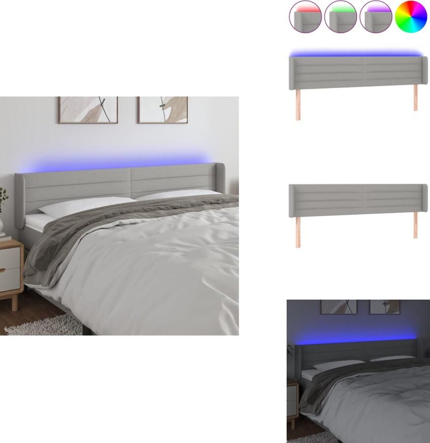 VidaXL Hoofdbord 163 x 16 x 78 88 cm Lichtgrijs stof LED-strip Verstelbaar Comfortabele ondersteuning Duurzaam Met schaarsymbool 2 LED-strips Bedonderdeel