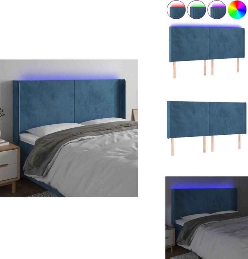 VidaXL Hoofdbord Hoofdborden Hoofdeinde Houten Hoofdbord LED 183x16x118 128 cm fluweel donkerblauw - Foto 2