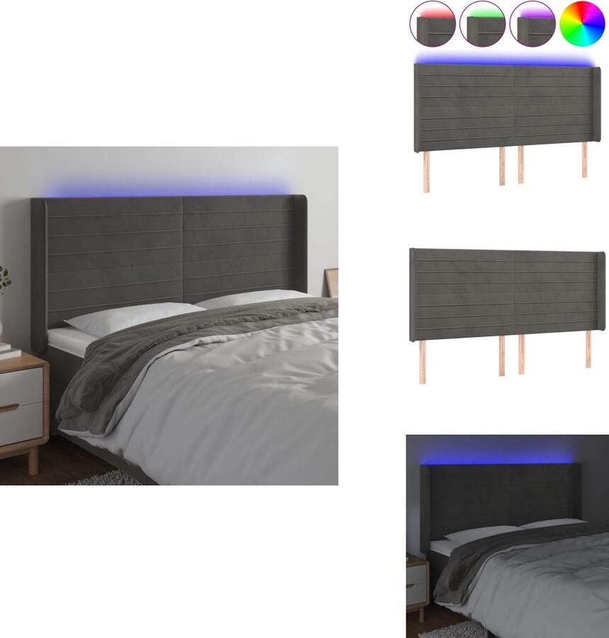 VidaXL Hoofdbord LED Donkergrijs 203 x 16 x 118 128 cm Verstelbaar Comfortabele ondersteuning Zacht fluweel Kleurrijke LED-verlichting Snijdbare LED-strip Montagehandleiding inbegrepen USB-aansluiting Bedonderdeel
