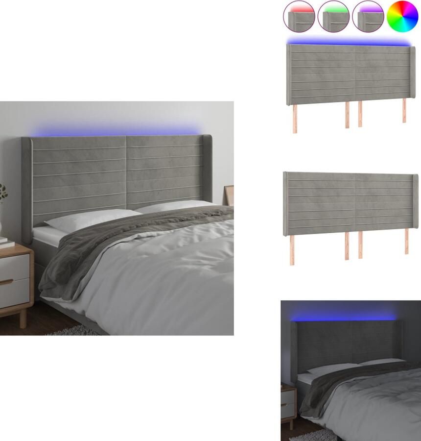 VidaXL Hoofdbord LED Lichtgrijs 203x16x118 128 cm Verstelbare Hoogte Zacht Fluweel Kleurrijke LED-verlichting Snijdbare LED-strip Comfortabele Ondersteuning Montagehandleiding Inbegrepen USB-aansluiting Bedonderdeel