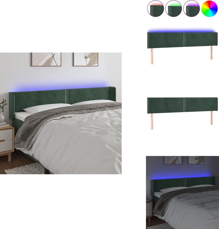 VidaXL Hoofdbord LED-hoofdbord 203x16x78 88 cm Donkergroen Fluweel Verstelbare hoogte Comfortabele ondersteuning Snijdbare LED-strip USB-aansluiting Bedonderdeel