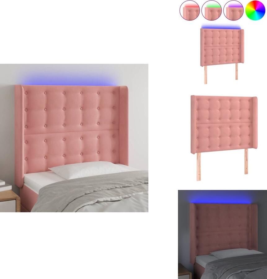 VidaXL LED Hoofdbord Fluwelen Stof Hoogte Verstelbaar Kleurrijke LED Verlichting Snijdbare LED Strip Montagehandleiding Inbegrepen USB-Aansluiting Kleur- Roze Afmetingen- 83x16x118 128 cm Bedonderdeel