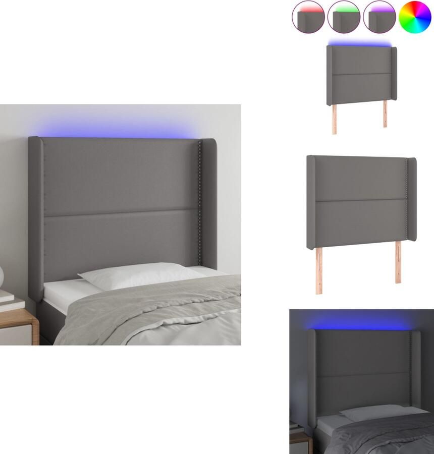 VidaXL Hoofdbord Klassiek LED-Hoofdbord 93x16x118 128 cm Kleur- Grijs Duurzaam Kunstleer Verstelbare Hoogte Kleurrijke LED-verlichting Snijdbare LED-strip Inclusief montagehandleiding 150 cm USB-kabel Bedonderdeel