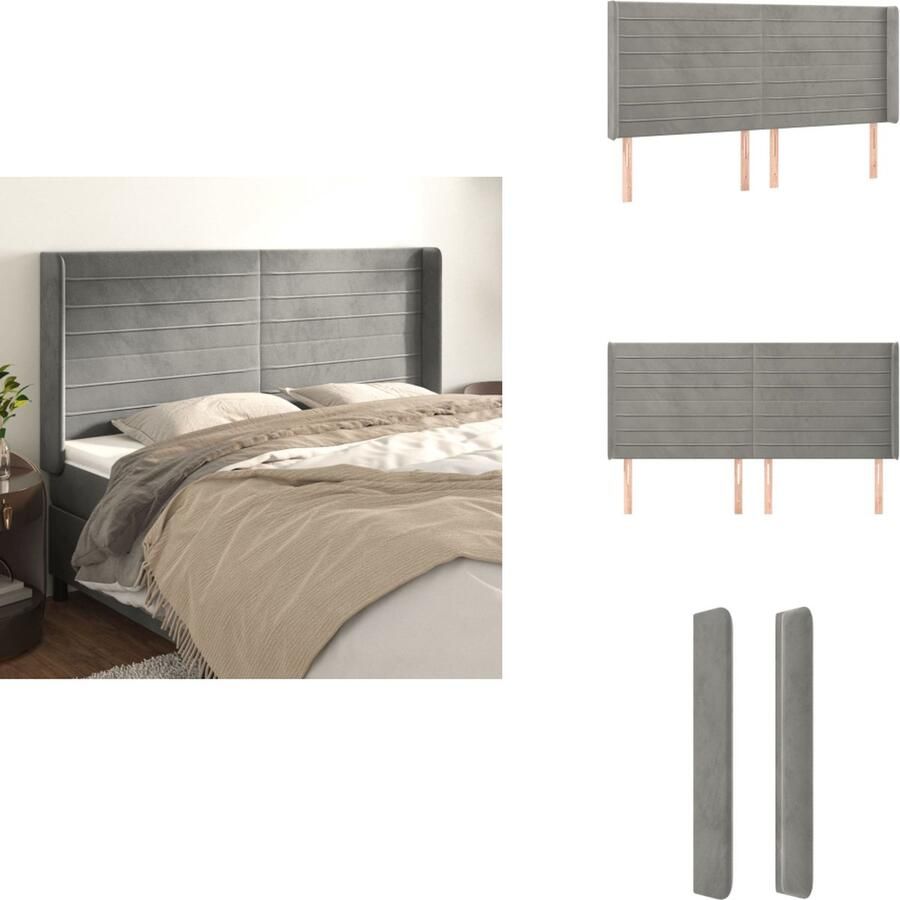 VidaXL Klassiek Hoofdbord Fluweel Stevige Poten Verstelbare Hoogte Comfortabele Ondersteuning Lichtgrijs 203 x 16 x 118 128 cm Bedonderdeel