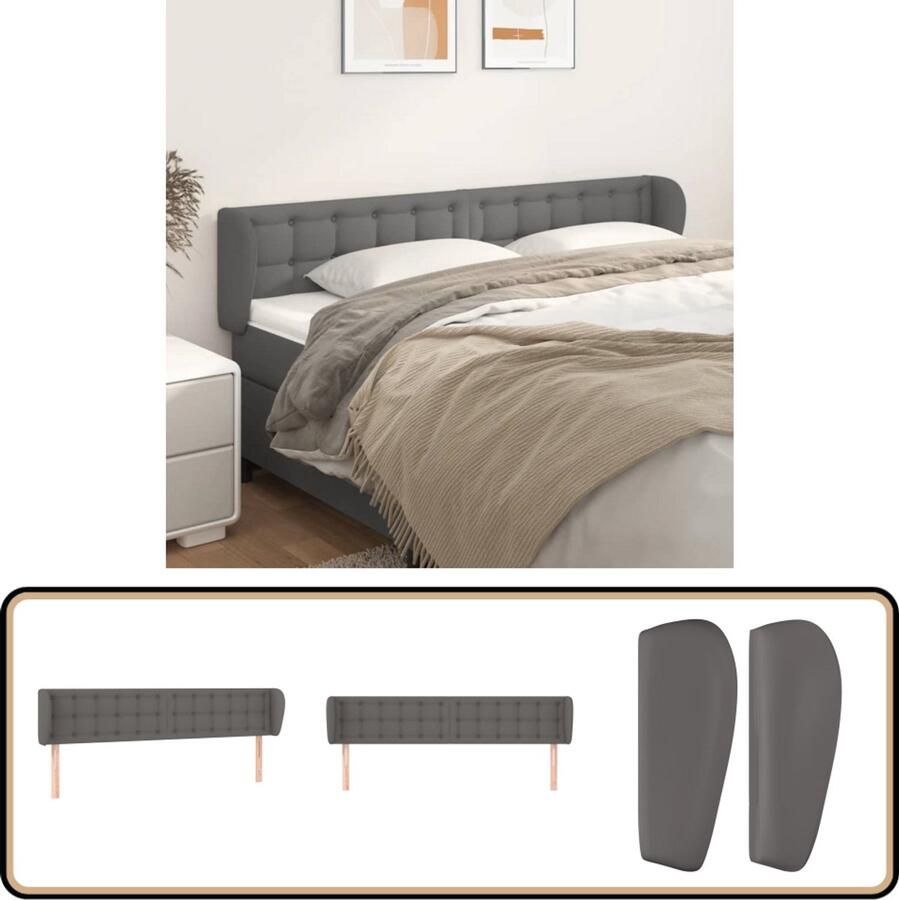 The Living Store Hoofdbord met randen 183x23x78 88 cm kunstleer grijs Hoofd Bord Hoofdkussen Slaapcomfort Beddecoratie Bedroom Decor