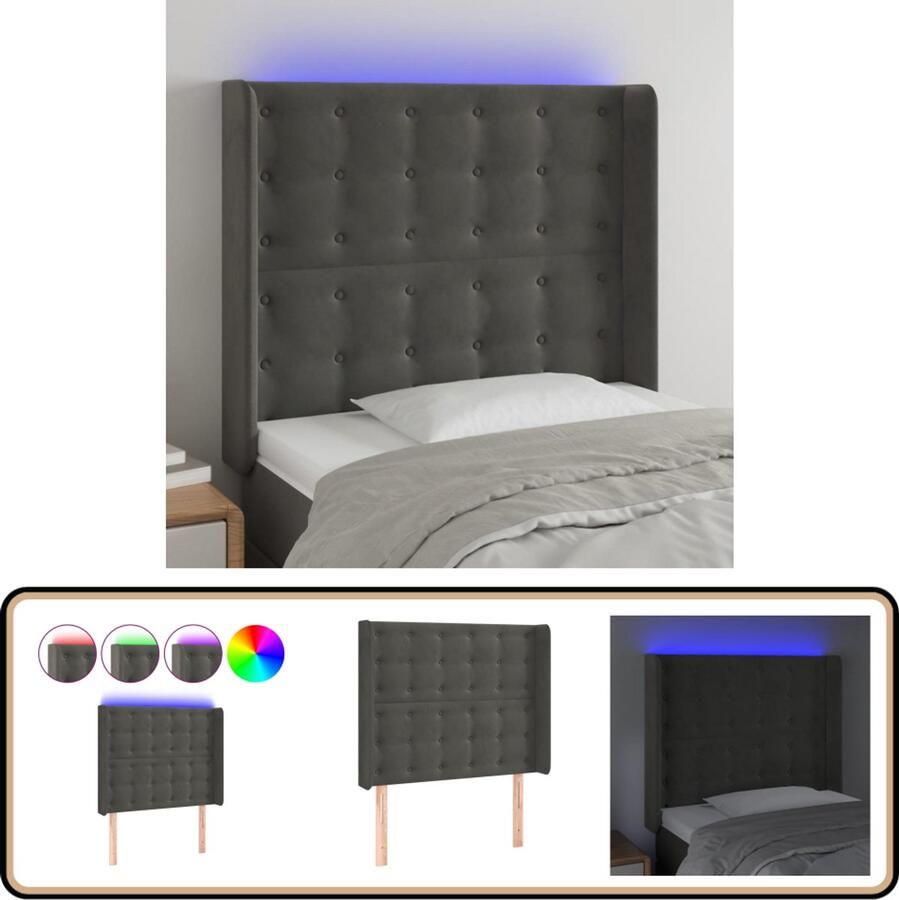 VidaXL Hoofdbord LED 103x16x118 128 cm Donkergrijs Hoofdboard Led Headboard Velvet Headboard Grijs Hoofdboard Beddecoratie