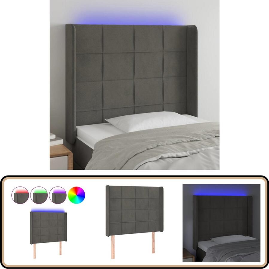 VidaXL Hoofdbord LED 103x16x118 128 cm Donkergrijs Hoofdboard Led Verlichting Velvet Grijs Bedstelling Slaapkamers