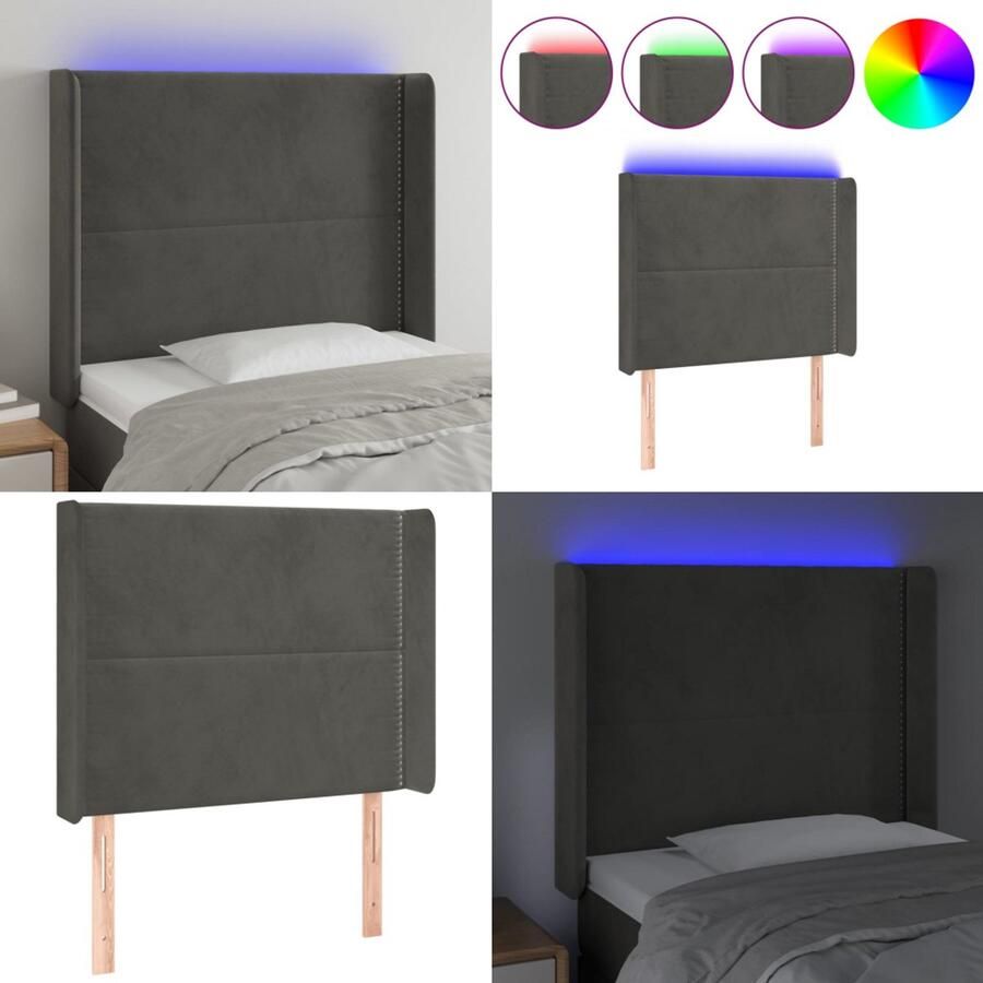 VidaXL Hoofdbord LED 103x16x118 128 cm fluweel donkergrijs Hoofdbord Hoofdborden Hoofdeinde Houten Hoofdbord