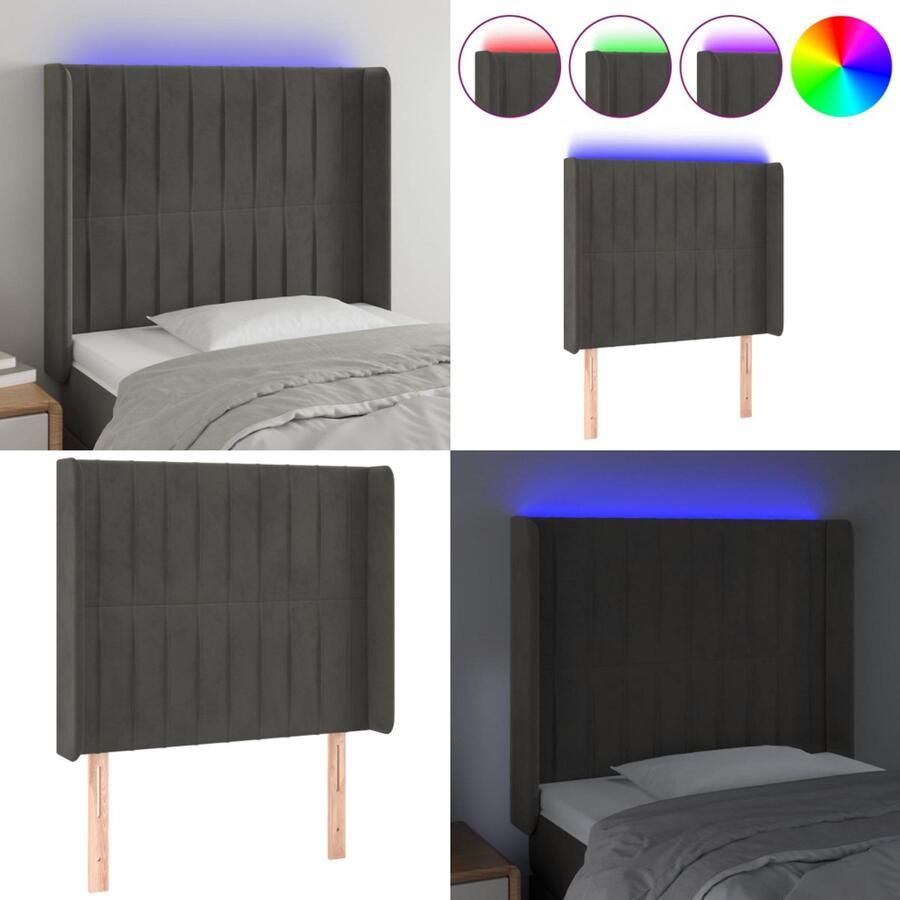 VidaXL Hoofdbord LED 103x16x118 128 cm fluweel donkergrijs Hoofdbord Hoofdborden Hoofdeinde Houten Hoofdbord