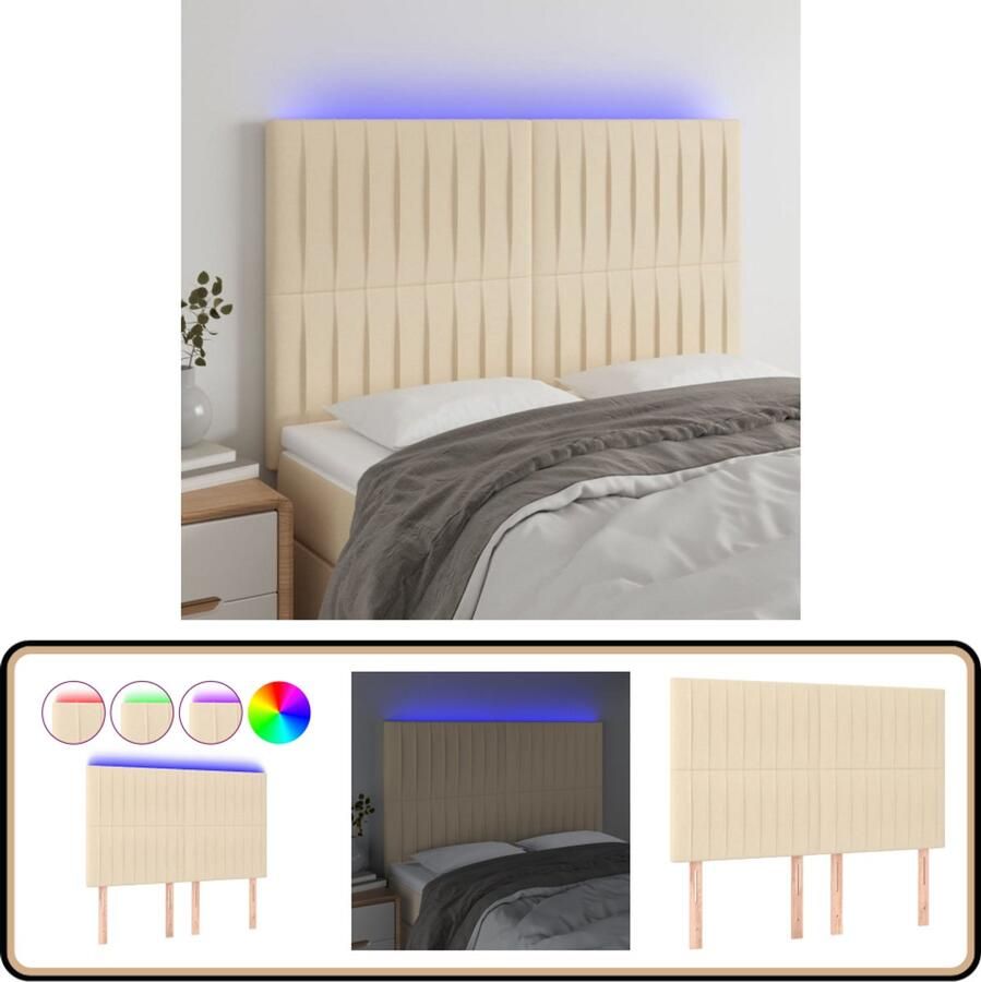 VidaXL Hoofdbord LED 144x5x118 cm Crème Stof Hoofdboard Led Hoofdbord Crème Hoofdbord Beddecoratie Slaapkamers Comfortabel Hoofdbord Sfeervolle Verlichting Leeshoek