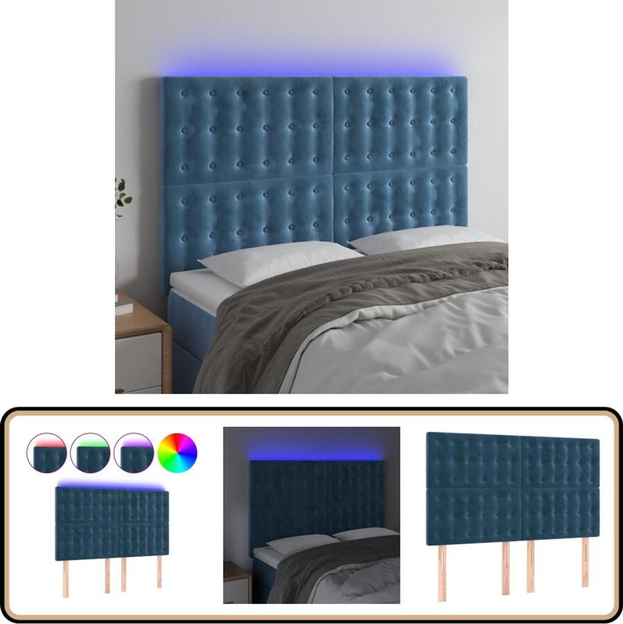 VidaXL Hoofdbord LED 144x5x118 128 cm Fluweel Blauw Hoofdboard Led Verlichting Velvet Blauw Bedstek