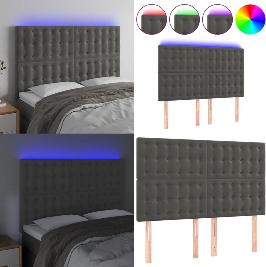 VidaXL Hoofdbord LED 144x5x118 128 cm fluweel donkergrijs Hoofdbord Hoofdborden Hoofdeinde Houten Hoofdbord