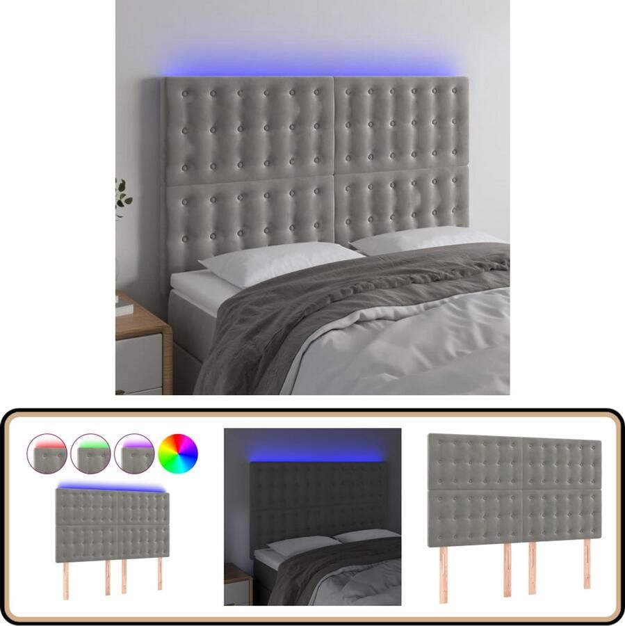 VidaXL Hoofdbord LED 144x5x118 128 cm Fluweel Lichtgrijs Hoofddekbed Led Headboard Velvet Headboard Grijs Hoofdkussen Slaap Accessoires