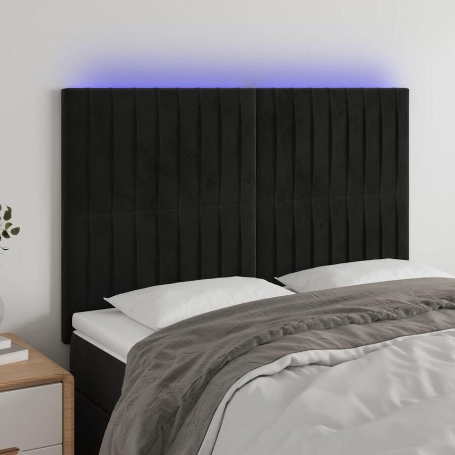 VidaXL Hoofdbord LED 144x5x118 128 cm Fluweel Zwart Hoofdboard Led Hoofdbord Zwart Velvet Hoofdbord Beddecoratie Led Lamp Leeshoek Tv Hoek - Foto 2