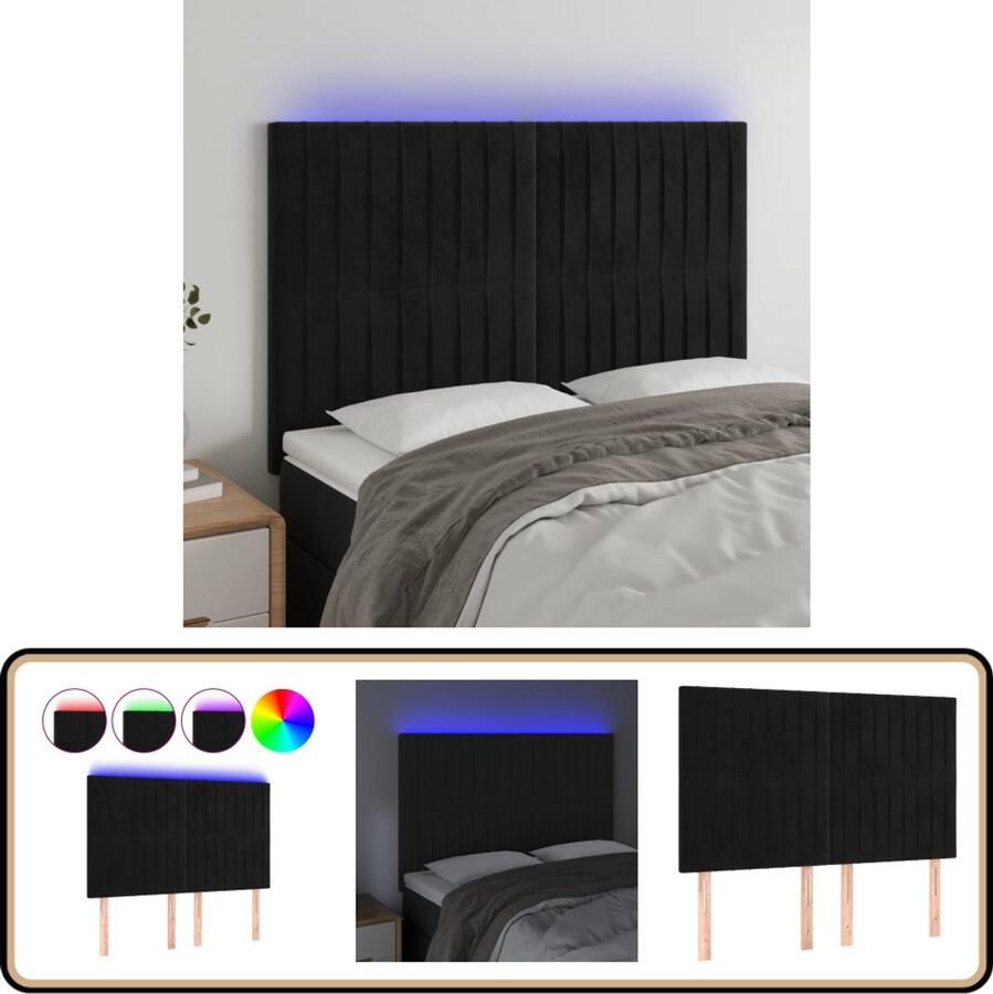 VidaXL Hoofdbord LED 144x5x118 128 cm Fluweel Zwart Hoofdboard Led Hoofdbord Zwart Velvet Hoofdbord Beddecoratie Led Lamp Leeshoek Tv Hoek