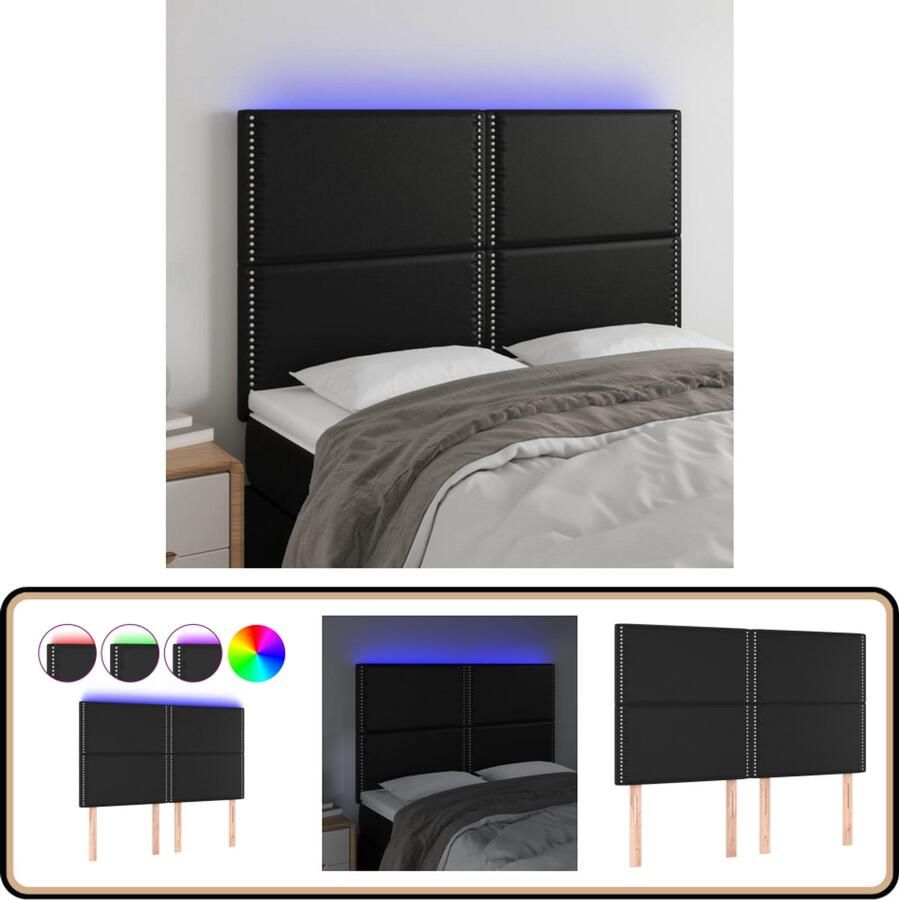 VidaXL Hoofdbord LED 144x5x118 128 cm Kunstleer Zwart Hoofdboard Led Verlichting Hoofdkussen Kunstleder Zwarte Kamerdecoratie Slaap Accessoires