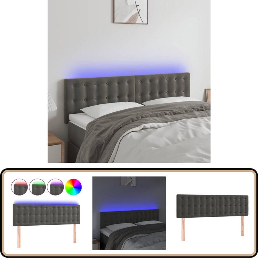 VidaXL Hoofdbord LED 144x5x78 88 cm Donkergrijs LED Hoofdbord Velvet Hoofdbord Bedhoofd Grijs Led Verlichting Hoofdkussen