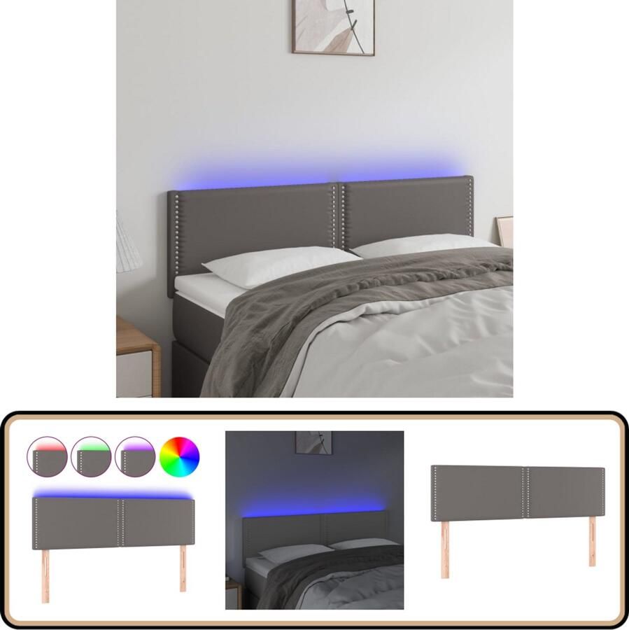 VidaXL Hoofdbord LED 144x5x78 88 cm Kunstleer Grijs Hoofdboard Led Hoofdbord Hoofdkussen Bedding Accessoires Slaapkamers Decoratie Grijze Hoofdborden