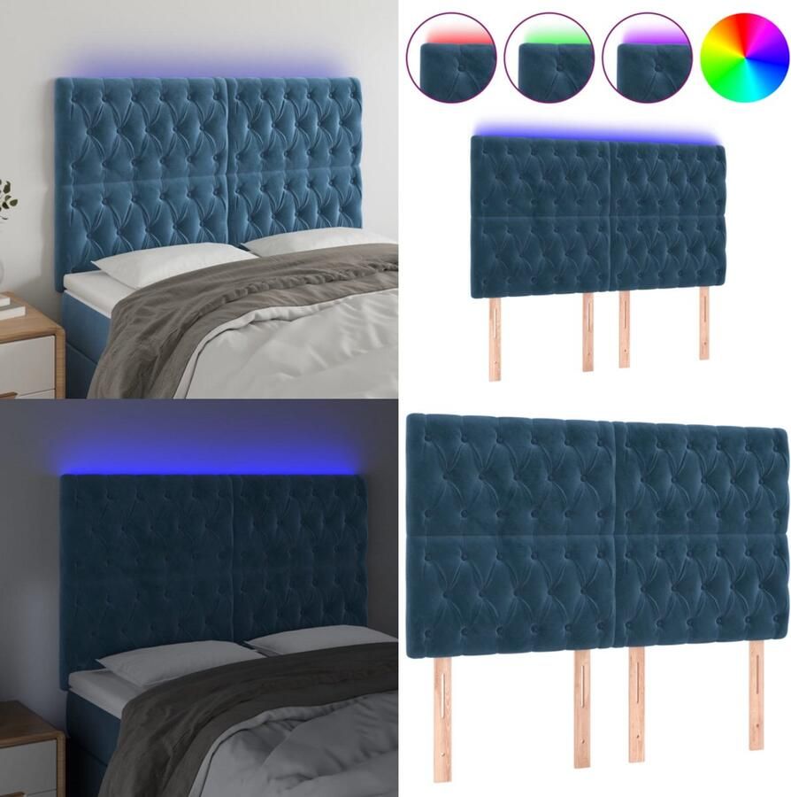 VidaXL Hoofdbord LED 144x7x118 128 cm fluweel donkerblauw Hoofdbord Hoofdborden Hoofdeinde Houten Hoofdbord