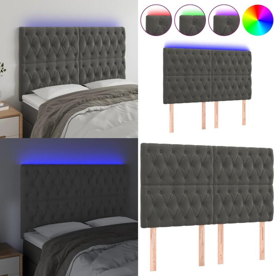 VidaXL Hoofdbord LED 144x7x118 128 cm fluweel donkergrijs Hoofdbord Hoofdborden Hoofdeinde Houten Hoofdbord