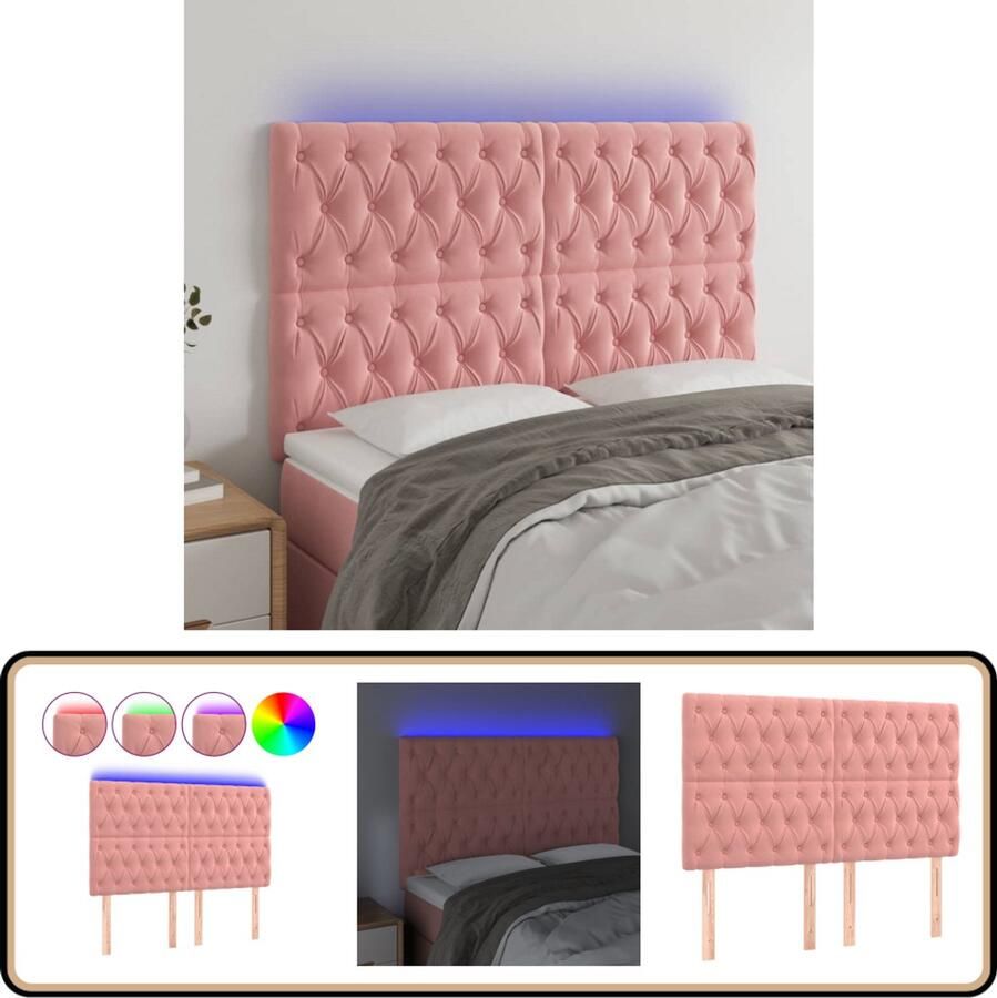 VidaXL Hoofdbord LED 144x7x118 128 cm Fluweel Roze Hoofddekens Led Hoofdborden Velvet Rozerood Hoofdbord Met Verlichting Ergonomisch Hoofdbord Leeshoek Verhogen