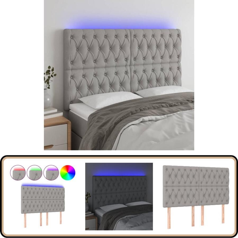 VidaXL Hoofdbord LED 144x7x118 128 cm Lichtgrijs Hoofdboard Led Verlichting Hoofdkussen Slaapcomfort Beddecoratie Grijs Stoffen Headboard