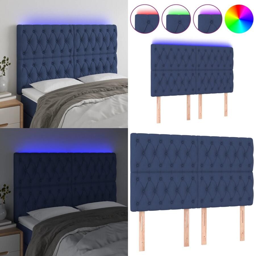 VidaXL Hoofdbord LED 144x7x118 128 cm stof blauw Hoofdbord Hoofdborden Hoofdeinde Houten Hoofdbord
