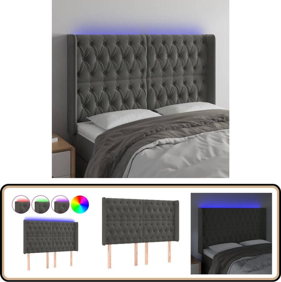 VidaXL Hoofdbord LED 147 cm Fluweel Donkergrijs Led Hoofdbord Grijs Velvet Hoofdbord Led Lampen Beddecoratie Slaap Accessoires