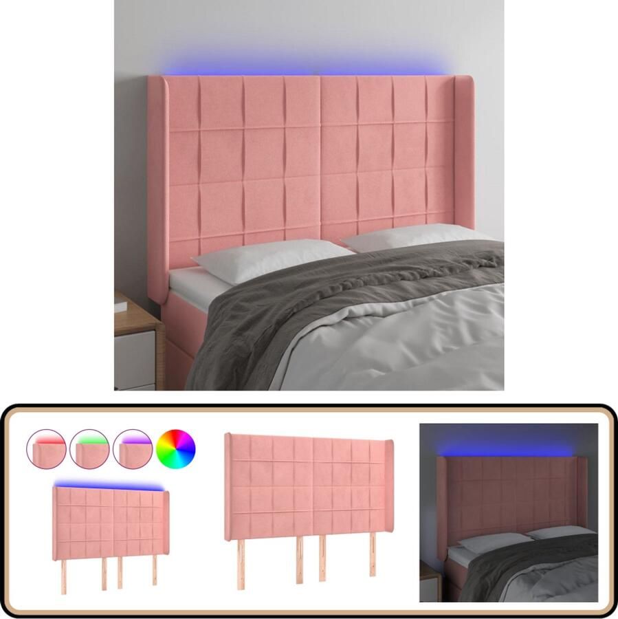 VidaXL Hoofdbord LED 147x128 cm Fluweel Roze Hoofdboard Led Verlichting Hoofdborden Velvet Roze Slaapkamers Decoratie Comfort