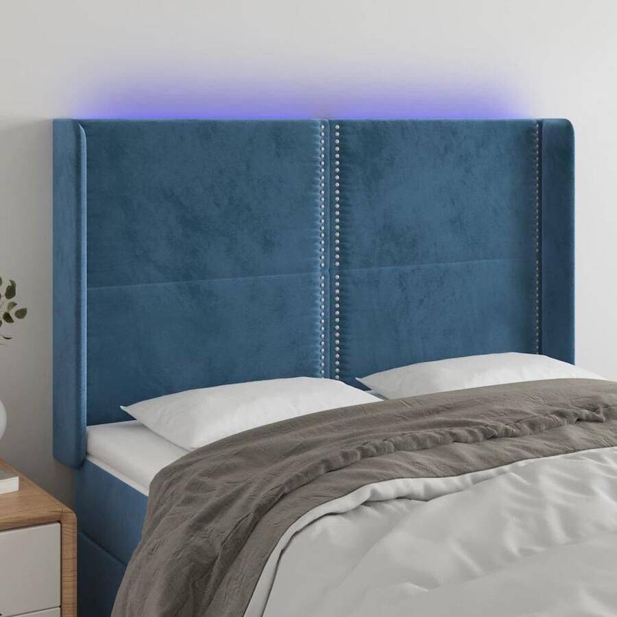 VidaXL Hoofdbord LED 147x16x118 cm Fluweel Donkerblauw Hoofd Bord Led Hoofdbord Velvet Hoofdbord Blauw Hoofdbord Slaapkamers Decoratie Hoofdkussen - Foto 2