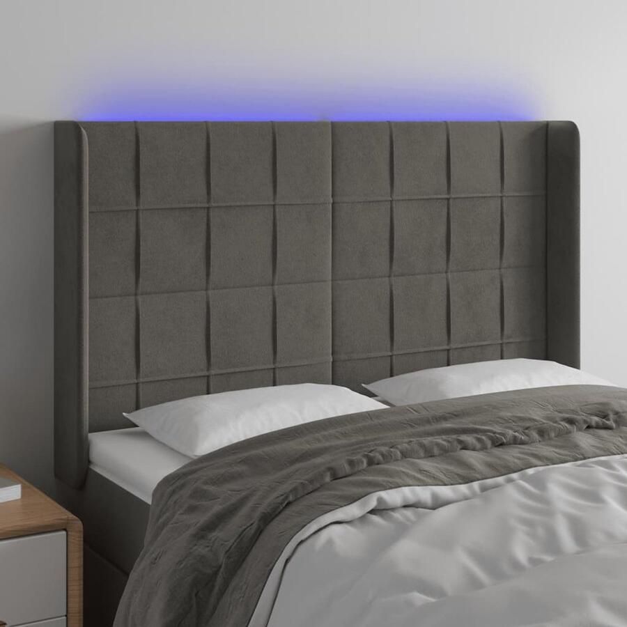 VidaXL Hoofdbord LED 147x16x118 cm Fluweel Donkergrijs Hoofdboard Led Verlichting Velvet Grijs Bedstelling Slaapkamers - Foto 2