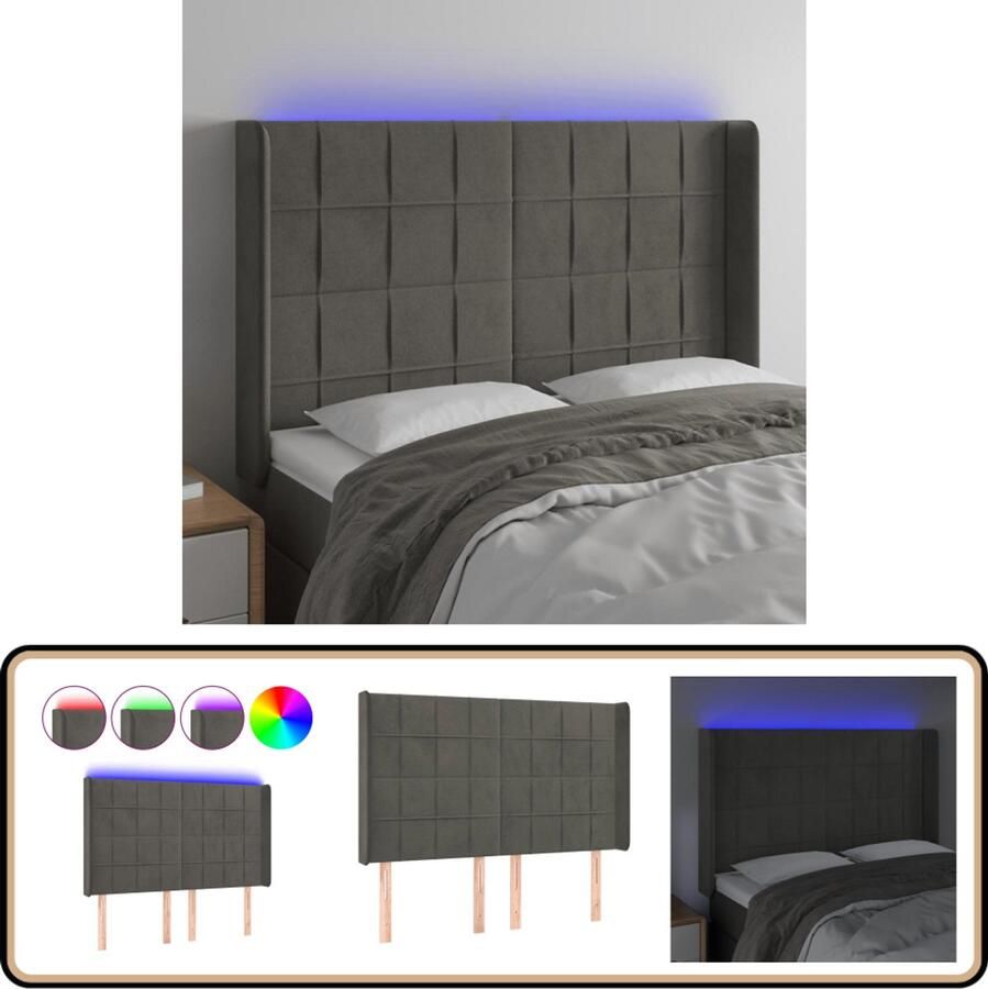 VidaXL Hoofdbord LED 147x16x118 cm Fluweel Donkergrijs Hoofdboard Led Verlichting Velvet Grijs Bedstelling Slaapkamers