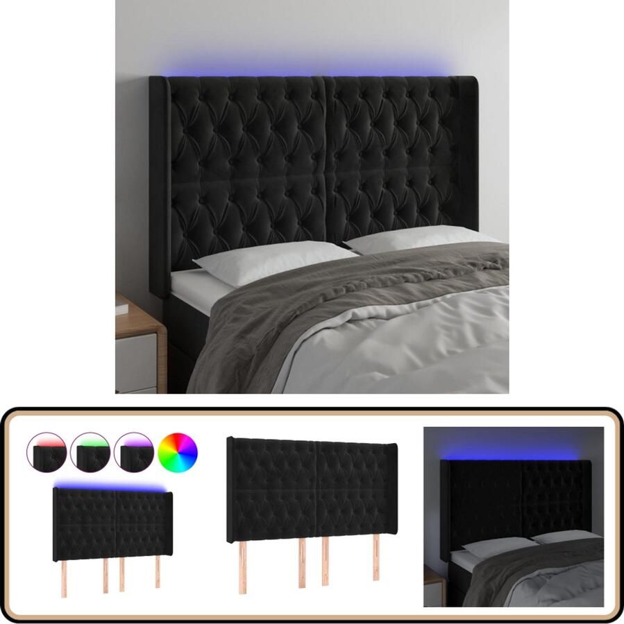 VidaXL Hoofdbord LED 147x16x118 cm Fluweel Zwart Hoofdboard Led Verlichting Velvet Bedstelling Slaapcomfort