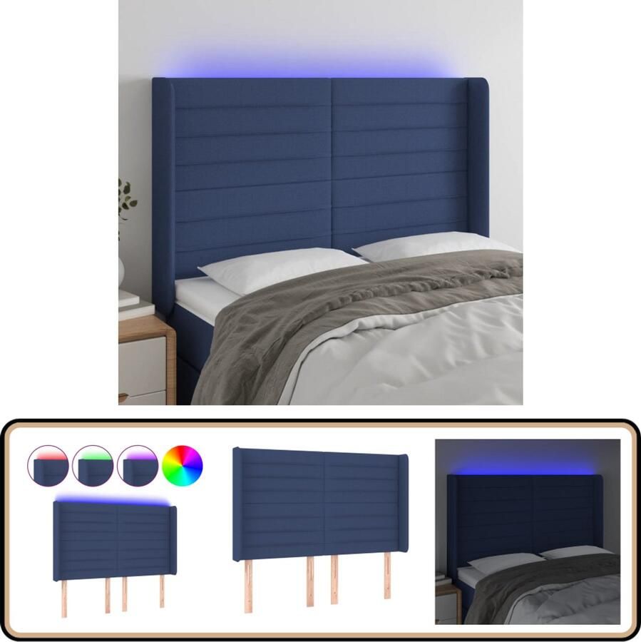 VidaXL Hoofdbord LED 147x16x118 cm Stof Blauw Hoofdboard Led Verlichting Blauwe Hoofdboard Beddecoratie Slaapkamers
